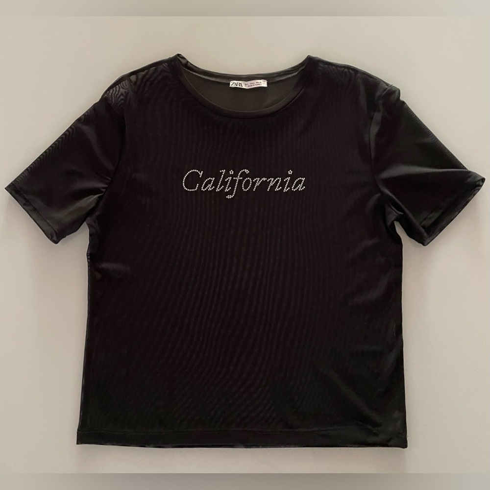 Zara Mesh Black California Shirt - Size L - Rhinestones - New Without Tags